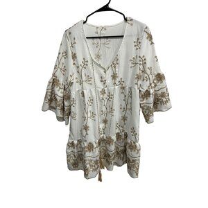 Embroidered White Gold Tassel V-Neck Bell Sleeves Tunic Dress Ethereal Festive